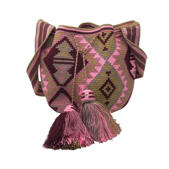 NWOT Chila Colombina Luna Bag - Wayuu Design - Natural - Tan - Pink - Handmade - Picture 1 of 8